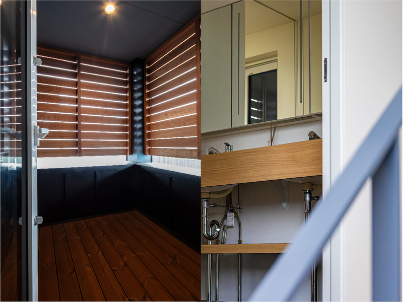 ルーバーでプライバシーを守りつつ、浴室から坪庭の景色を楽しめる設計